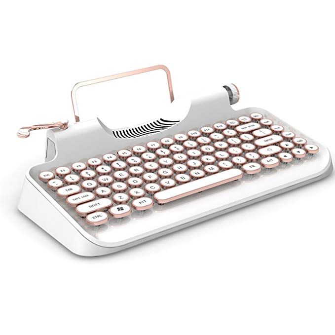 ZYQM Retro Typewriter Mechanical Wireless Keyboard with Tablet Stand, Bluetooth Connection, Artistic dot Keys (White)