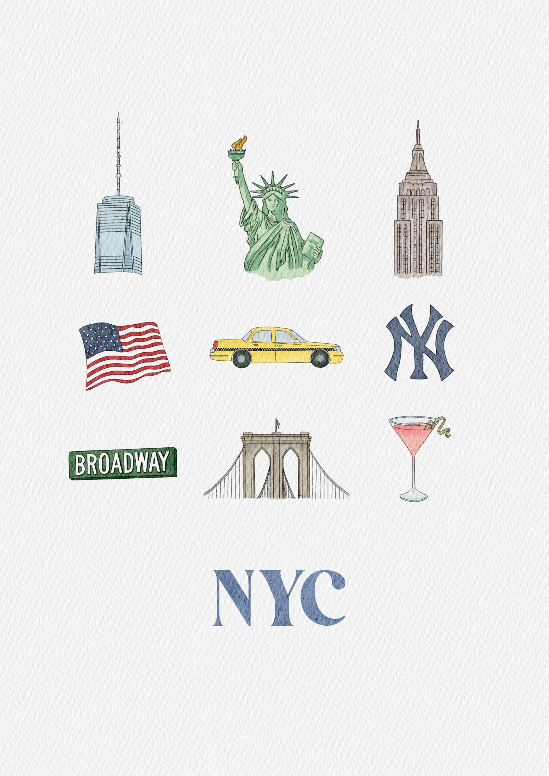 NYC Print, New York City, NYC Art, Wall Art, Time Square, Brooklyn Bridge, The Freedom Tower, Empire State Building