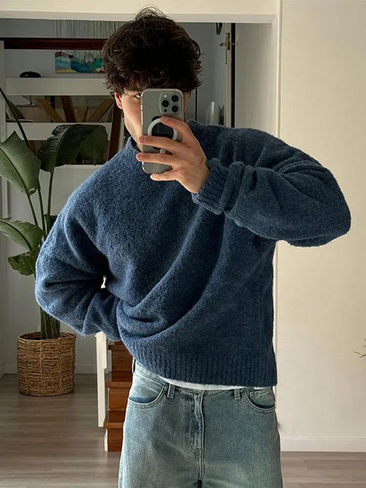 Aonga Casual Solid Fleece Turtleneck Sweater For Male Fashion Long Sleeve Loose Knitted Pullover 2024 Autumn Thicken Warm Knit Jumpers Blue-M