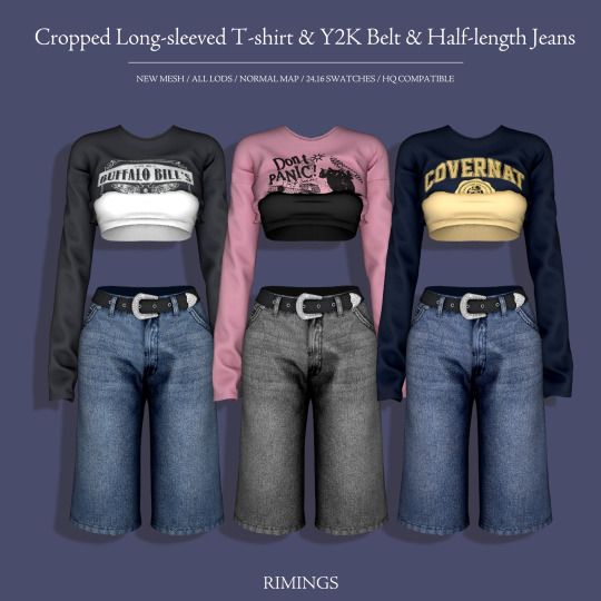 Cropped Long-sleeved T-shirt & Y2K Belt & Half-length Jeans