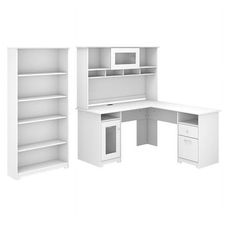 Atlin Designs 60″ Desk with Hutch and 5 Shelf Bookcase in White